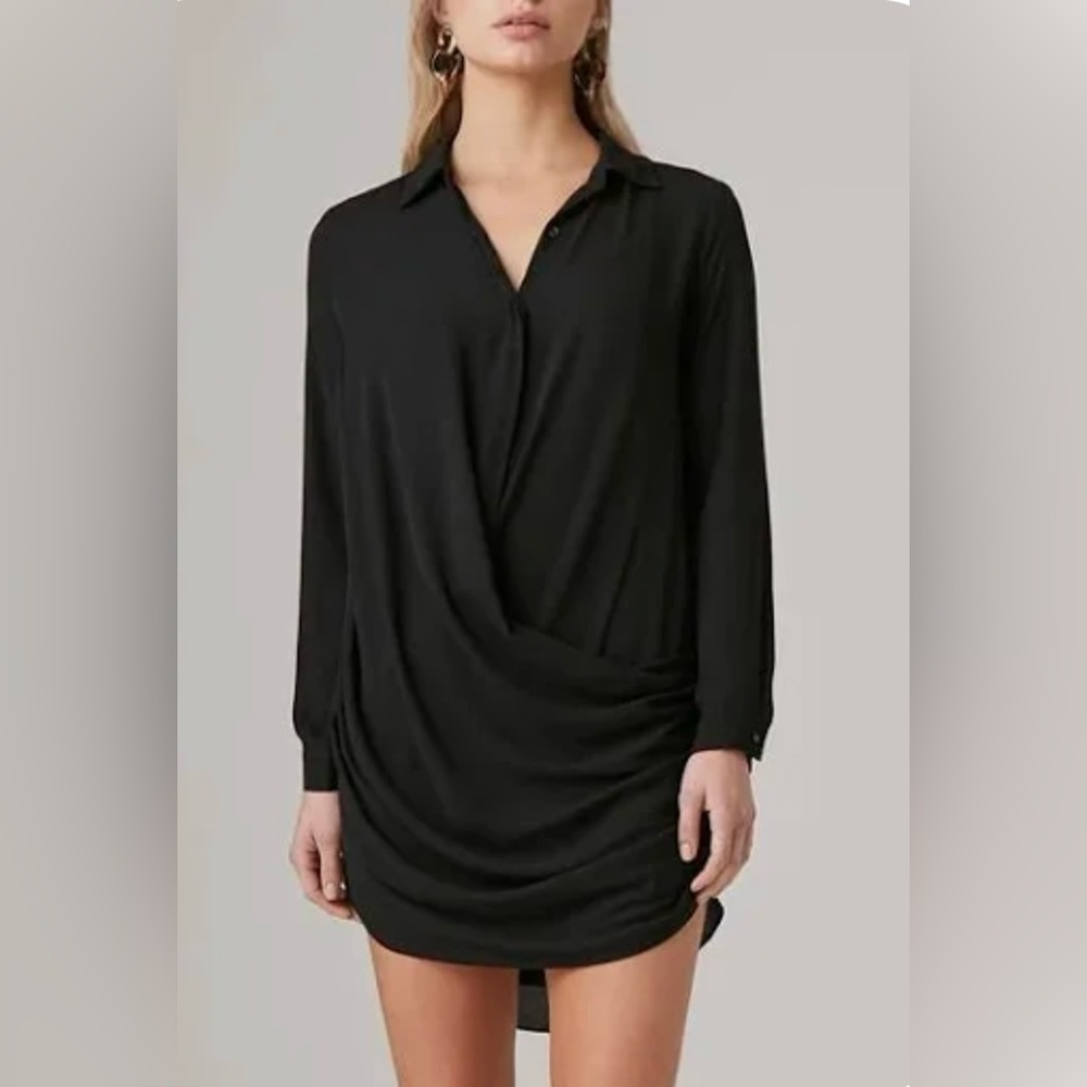 NWT KRISA Draped Long Sleeve Collar Mini Dress Black Medium